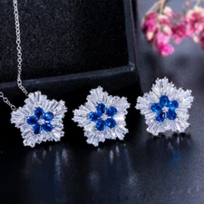 Fashion Silver Plated Cubic Zirconia CZ Blue Flower Pendant Necklace Earring Set