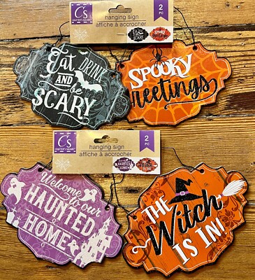 Crafter's Square 4pc Hanging Halloween Signs - Spooky, Haunted House, Witch, etc
