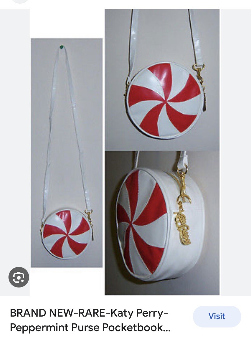 Katy Perry Red White Pinwheel Mint Candy Purse Bag Zip Gold Logo
