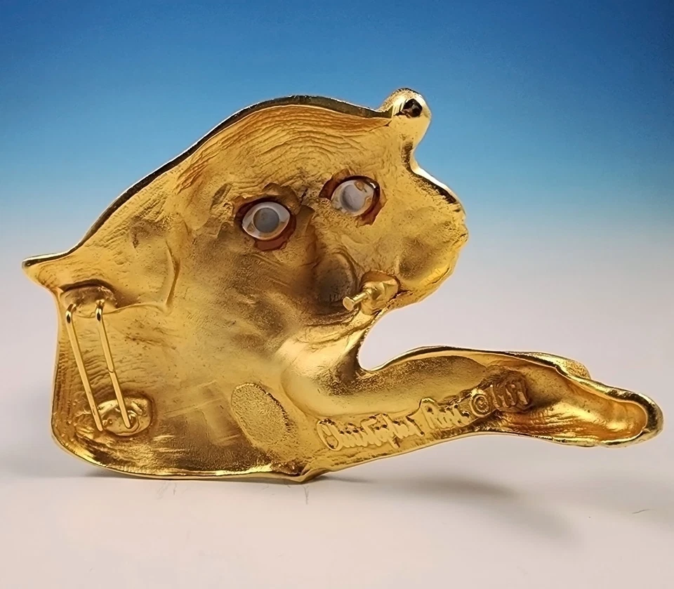 Fivela de cinto de tigre vintage Christopher Ross acabamento dourado 24K olhos de vidro grande 1991 - Imagem 3 de 4