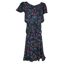 80s 90s Vintage All That Jazz  Size S Floral Secretary Dress Gathered Waist