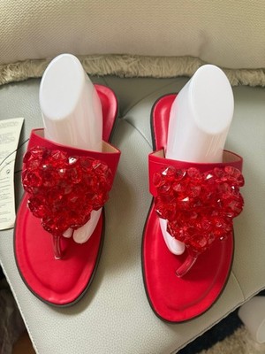 Katy Perry Women's Red Beaded Heart Thong Sandals Slip-On Flat