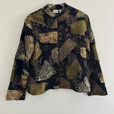 Chico's Jacket Women 1 Black Gold Green Patchwork Art to Wear Zip Up Embroidered