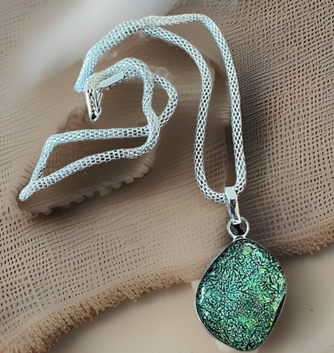 Dichroic Green Glass Pendant Necklace- 925 Sterling Silver plated- New