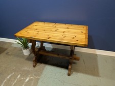 Vintage Rustic Pine Table Kitchen Dining Trestle Farmhouse Chunky 1980s
