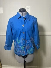 Chicos Women's Royal Blue Embroidered Design Buttoned Down Blazer Jacket Size 1