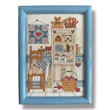 Completed Cross Stitch Kitchen Collectibles Country Still Life Framed Primitive