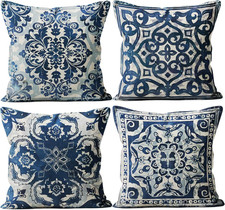 Vintage Blue and White Throw Pillow Covers 22x22 Set of 4, Retro Boho Ethnic Nav
