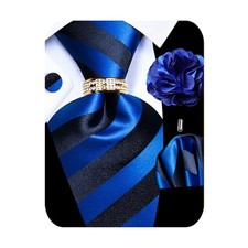 5PCS Mens Silk Designer Tie, Pocket Square, Blue Striped Tie Set -390 10