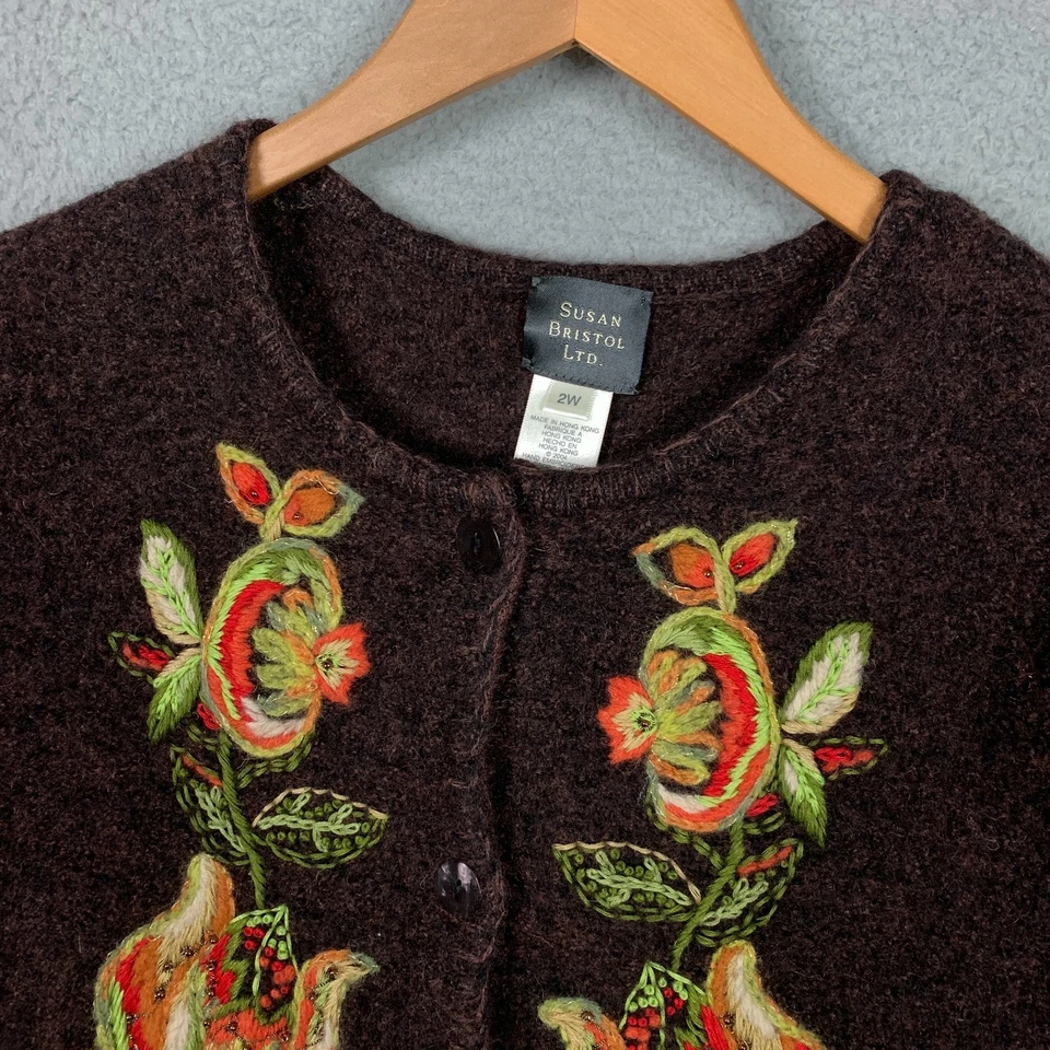 VTG Susan Bristol Cardigan Sweater Plus 2W Brown Hand Embroidered Floral Rare - Image 2 of 4