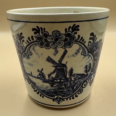 Vintage Delft Blauw Blue Hand Painted Planter Windmill 5'' Holland Pottery