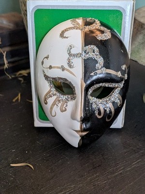 Vintage Keramik Venezianische Mini Maske Schwarz Weiß Glitzer Box Harlekin 9cm