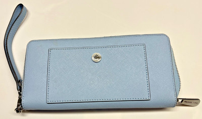 Michael Kors Jet Set Travel Large Leather Wristlet Wallet Light Blue - EVERY DAY