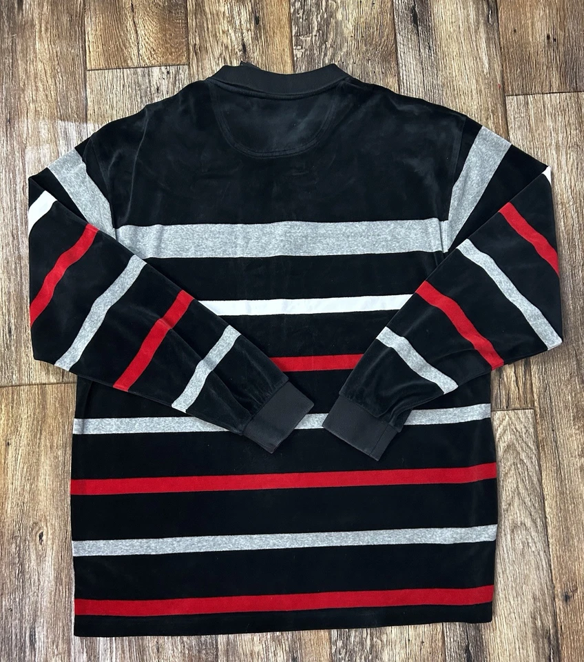 Enyce Velour Polo Shirt 90s Long Sleeve Striped Black Red Gray XL - Image 2 of 4