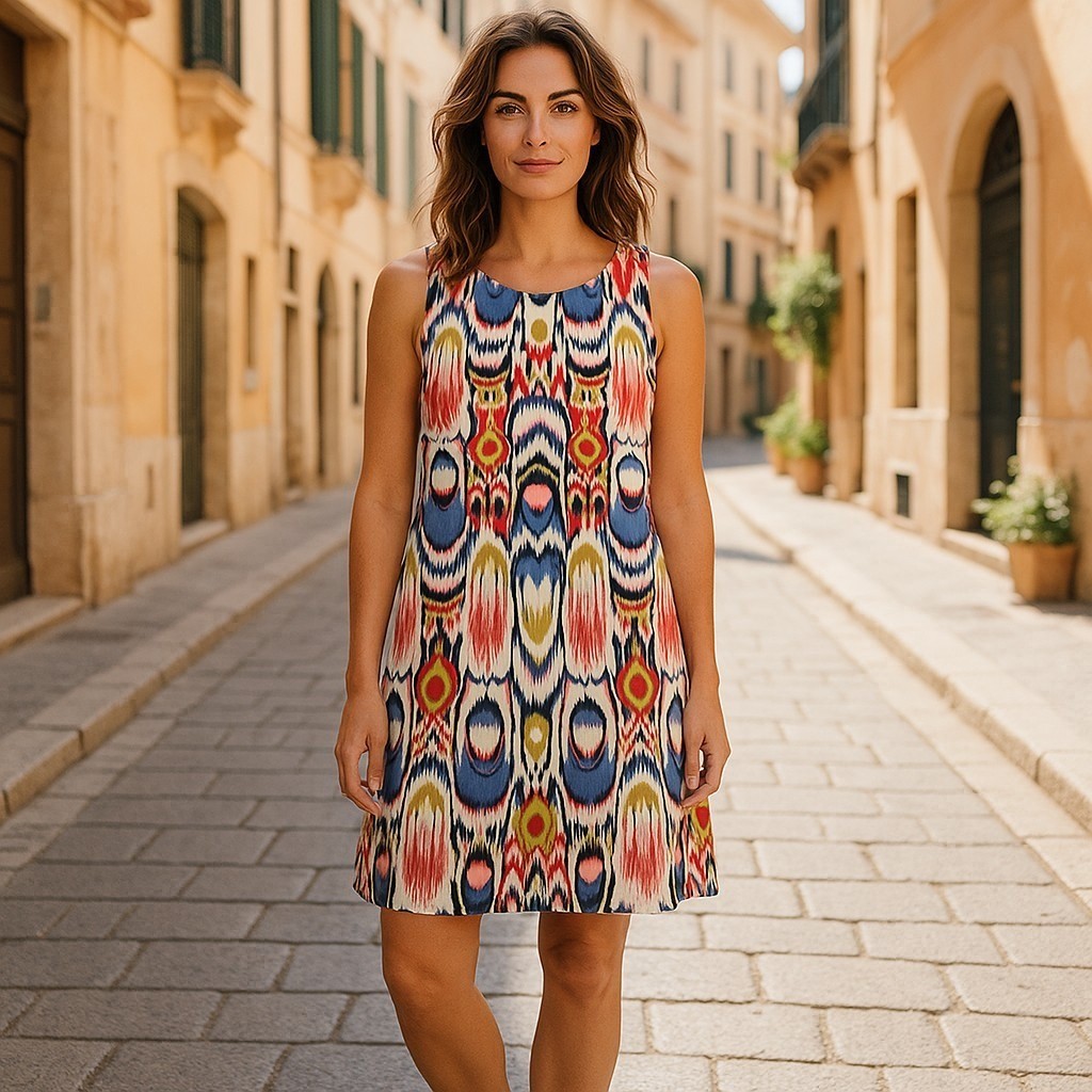 Peach Love Cream Womens Small Sleeveless Shift Dress Ikat Pattern USA Made image 2