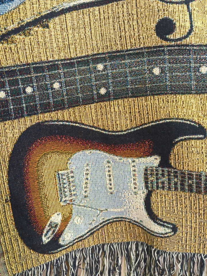 Vintage Throw Blanket Guitar and Music Notes. Man Cave Lounge Dad 50"X 60"   - Image 3 of 4