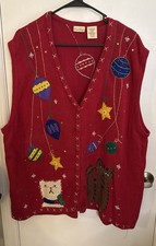 Vintage Cats And Ornaments Christmas Vest 1990s Women s 26W/28W