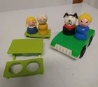Vintage 1969 FISHER PRICE Little People Green Car, Picnic Table, and 4 Figures