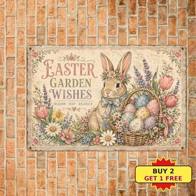 Easter Rabbit Flower Basket Painted Egg Festive Gathering Plaque Metal Sign 8x12