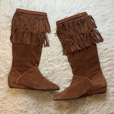 GIANNI BINI WOMEN'S Size 8.5 TALL Fringe Boots Suede BROWN Tan Shoes