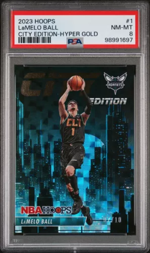 2023-24 NBA Hoops- LaMelo Ball- City Edition #1 Hyper Gold /10 PSA8