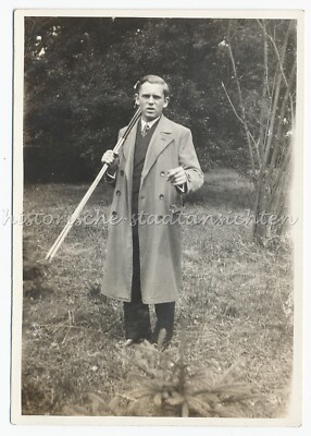 Young Man in Coat with Camera Tripod - Photography - Vintage Photo 1920s 1930s