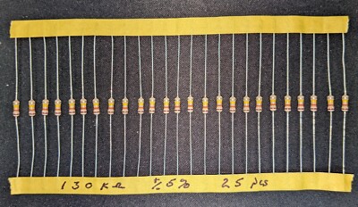 130 K Ohm 1/4 Watt 5% Carbon Film Resistor, (25 pcs) NOS