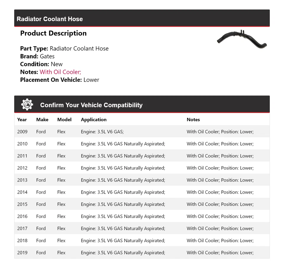 Manguera de refrigerante de radiador Ford Flex 2009-2019 puertas inferiores 2010 2011 2012 2013 Foto 2 de 3