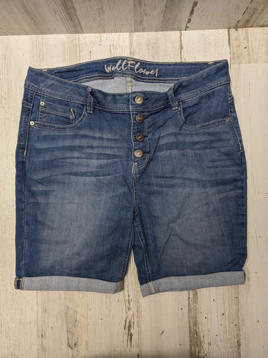 Wallflower Bermuda Shorts Juniors Button Fly Cuffed Blue Denim