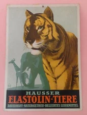 GERMAN HAUSSER ELASTOLIN-TIERE ADVERTISING POSTER w SOLDIERS ANIMALS TIGER 1960s