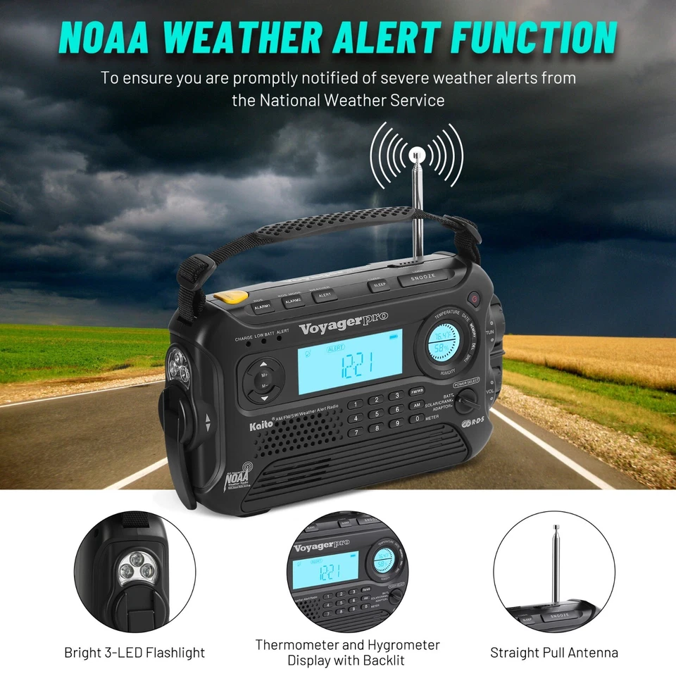 Kaito KA600 Weather NOAA Emergency Radio Crank Solar Powered AM FM SW Flashlight - Image 3 of 4
