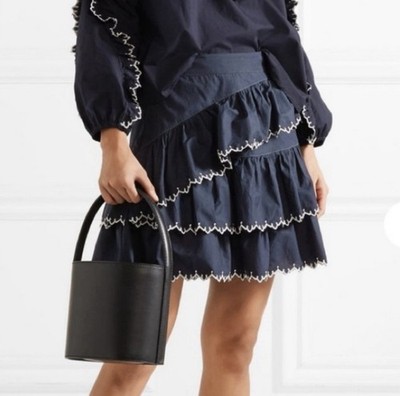 Ulla Johnson Ella Embroidered Ruffled Mini Skirt Size 4 Navy Blue