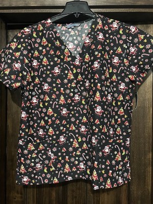 Serene Uniform Christmas Santa Scrub Top Womens XL Red Black