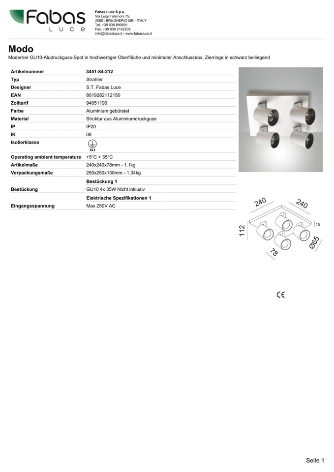 Fabas Luce Plafoniera Lampada Spot Faretto Modo 3451-84-212 Argento 4flg. GU10 - Immagine 4 di 4
