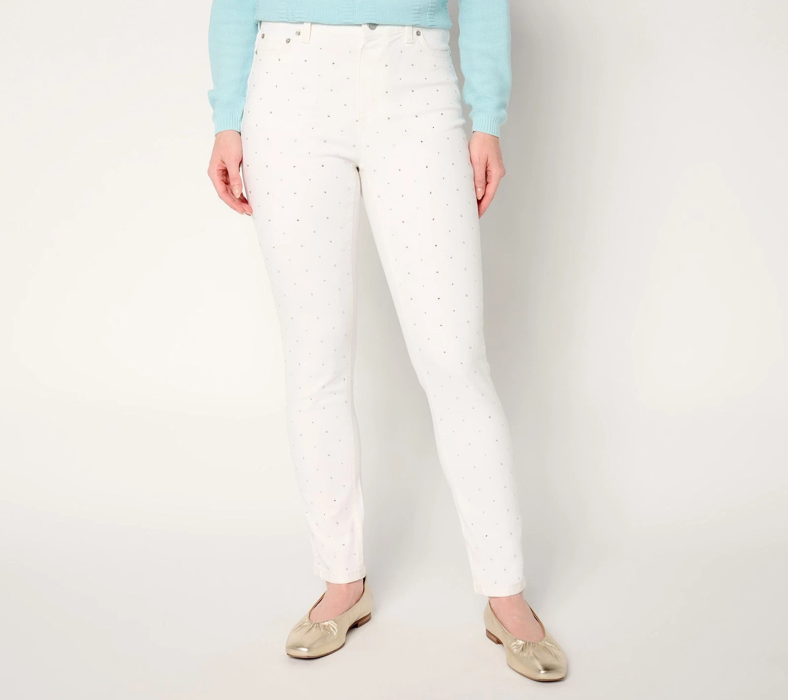 Denim & Co. Women's Pants Sz 8 Color Classic Sparkle Front Ankle White A669753