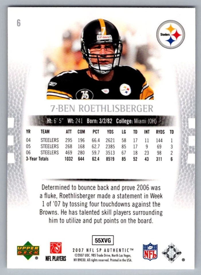 2007 SP Authentic Ben Roethlisberger Pittsburgh Steelers #6 - Image 2 of 2