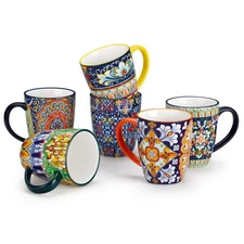 12 oz Coffee Mugs Set of 6, Ceramic Mug with Handle, Boho Coffee Cups for Lat...