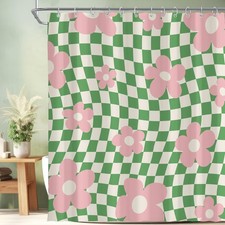 Cute Flower Retro Pink Green Floral 70s Shower Curtain for Bathroom 72W 72H I...