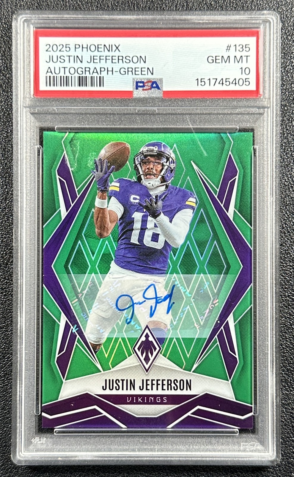 JUSTIN JEFFERSON PSA 10 2025 PANINI PHOENIX #135 AUTO GREEN PRIZM 15/25 VIKINGS
