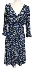 Leota Dress Womens L Blue White Floral Print Wrap Professional Midi Length