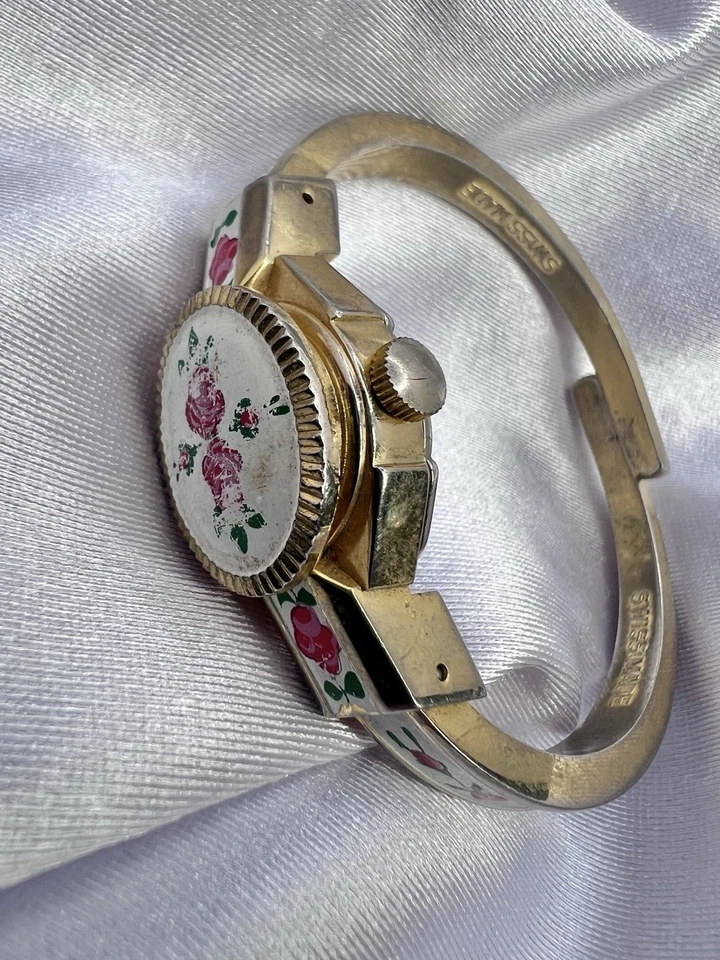 Lindo Reloj Vintage Tono Dorado Dama Nelson Peekaboo Flores Doradas Rosas Delicado Foto 4 de 4