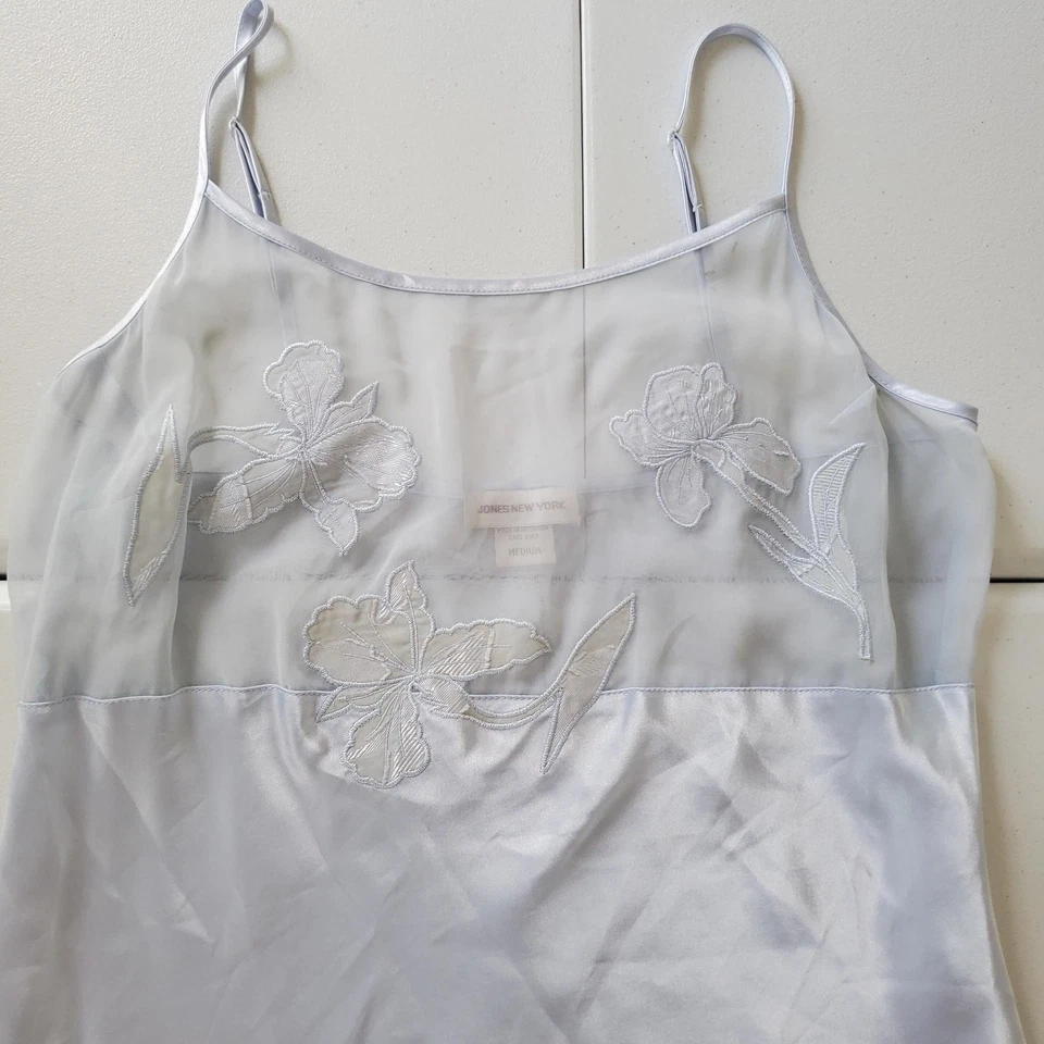 Vestido sin Mangas Y2K Años 90 Fairy Jones York Medio Azul Claro Satinado Malla Transparente Floral Foto 2 de 4