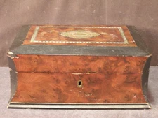 Victorian Inlay Marquetry Jewelry Boulle Trinket Burl Wood Brass MOP Dresser Box