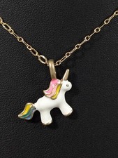 Retro White Rainbow Unicorn Enamel Charm Necklace Gold Tone 16 in