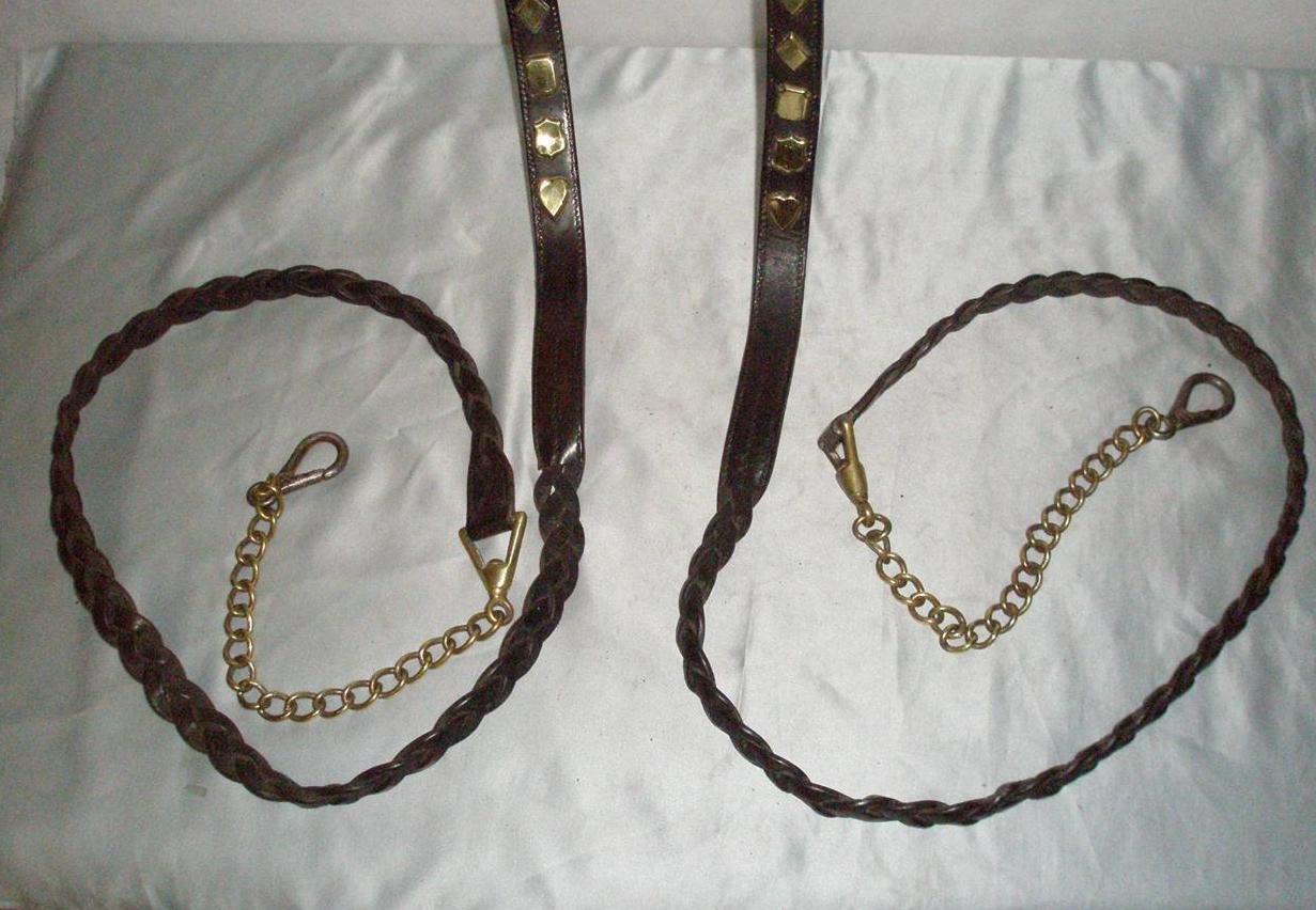 Matching Pair Of Antique Leather & Brass Shire Horse Lead Reins By E.G