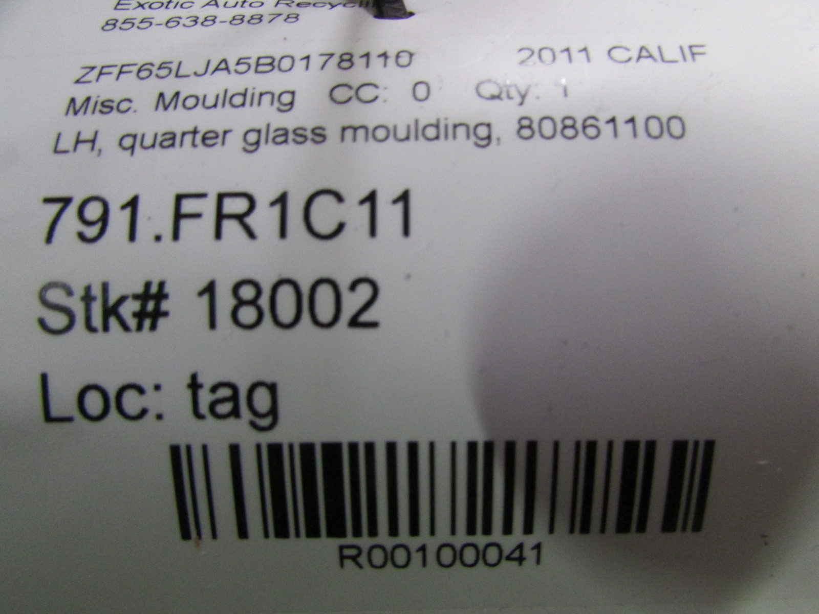 Ferrari California, LH, Left Rear Quarter Gasket, Used, P/N 80861100