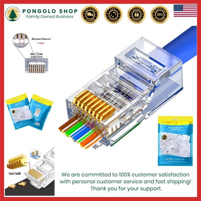 Pass-Through RJ45 Connectors - 100 Gold Plated Ethernet Plugs for Custom Cables