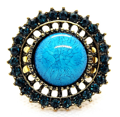 Bague En Pierre Résine Turquoise Avec Cristal Bleu – Taille 6-7, Extensible, Neuf Sans Emballage