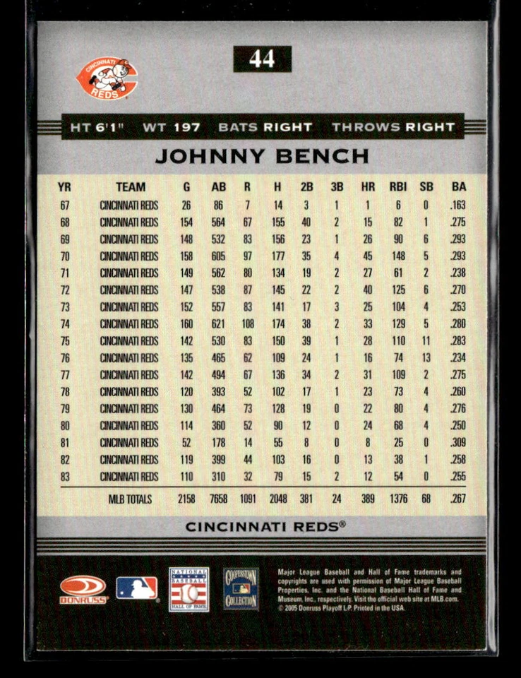 Johnny Bench - 2005 Donruss Greats #44 HOF Cincinnati Reds - Image 2 of 2