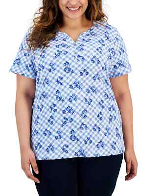 /LX042/ Karen Scott Plus Floral Plaid Henley  Knit Top Shirt Blue 2X